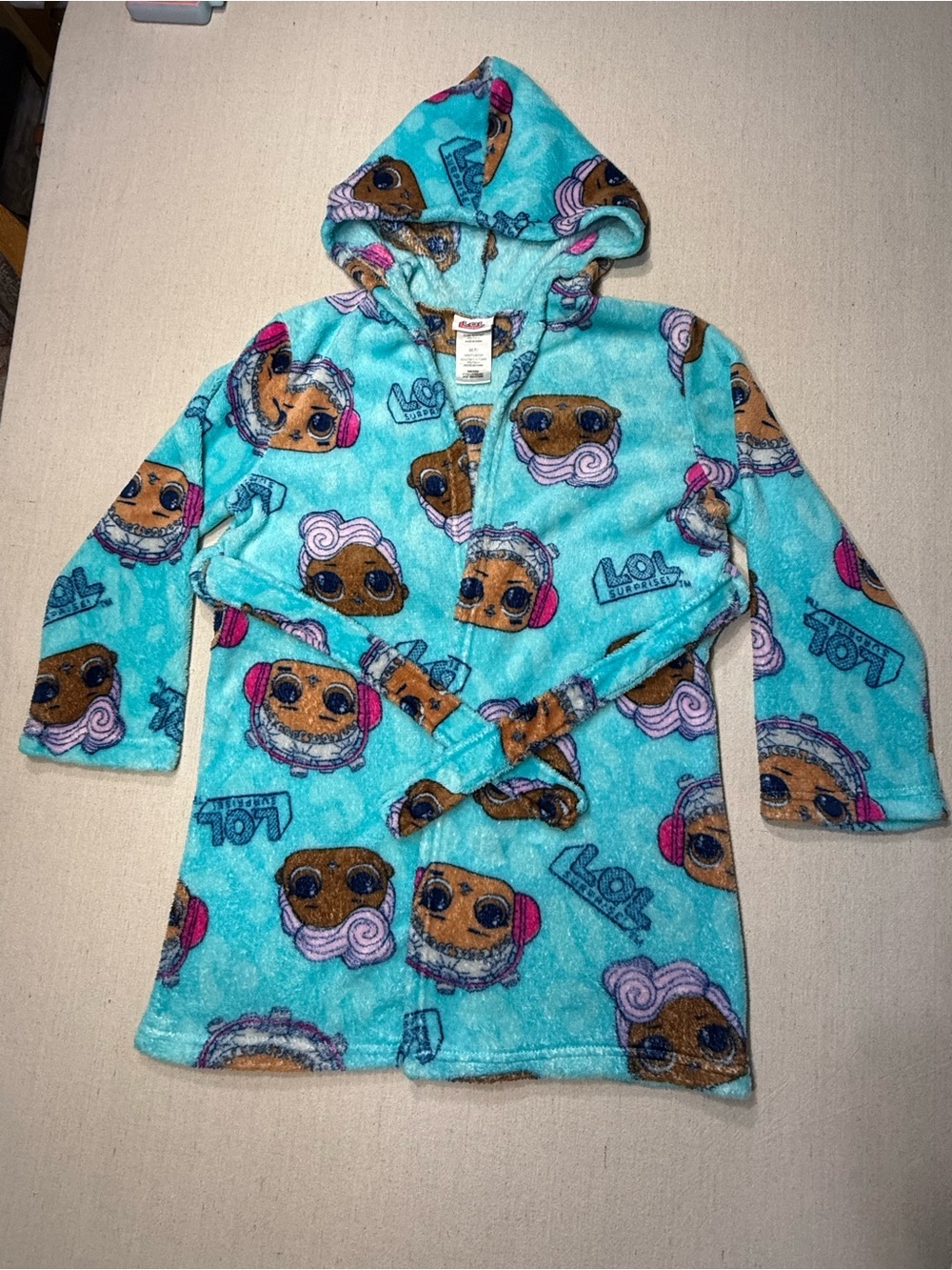 L.O.L. Surprise! Aqua Hooded Plush Robe with Pink and Brown Accents - Size M(8)